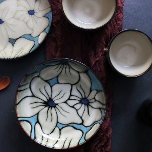 OMK Japanese Style Ceramic Tableware Set Dinner Plate Deep Dish Rice Bowl Large Salah Bowl Lily Design Series