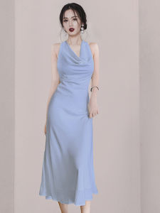 ชุดราตรีผ้าซาตินสีน้ำเงิน เดรสเอวสูงเซ็กซี่หรูหรา เดรสยาวปานกลาง ชุดราตรีสุดสง่างามสำหรับผู้หญิง