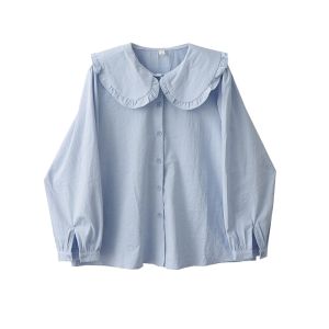 Homemade Fall and Winter New Arrival French Style Cute Youth-Looking Wooden Ear Doll Collar Wide Loose Shoulder Shirt Womens Bottoming Shirt Tops