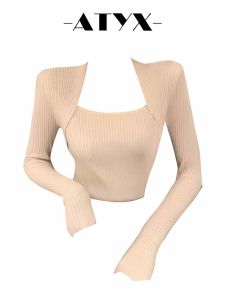 เสื้อถักคอเหลี่ยมสไตล์เกาหลีสำหรับผู้หญิงในช่วงต้นฤดูใบไม้ร่วง ฤดูใบไม้ผลิและฤดูหนาว แฟชั่นใหม่ โชว์กระดูกไหปลาร้า แขนยาว คอกลม