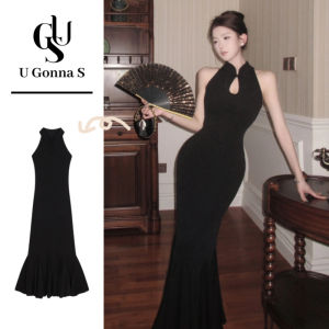 ชุดกี่เพ้ายาว2024ทันสมัยสำหรับผู้หญิงชุดรัดรูปแขนกุดดีไซน์แฟชั่นเซ็กซี่แบบดั้งเดิมเสื้อผ้าทางการยืดได้สีดำปาร์ตี้มื้อเย็นช่วงเย็น