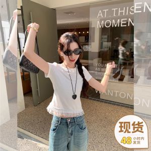 Zeng Xiao Salt White Lace Splice Short Sleeve Womens T-shirt Spring Ballet Style Pure Desire Shoulder Fit Slim Base Shirt