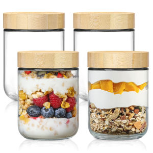 4pack Glass jars with Airtight Lid 16oz Over Night Oats Container with Bamboo Lids Glass Snack Storage Salad Jars Yogurt Sugar