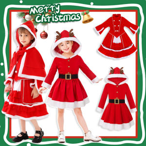 Girls Red Elk Hooded Dress Christmas Lolita Dress Or Shawl for Kids Xmas Cosplay Party Costume