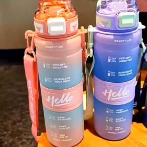 1000ml Water Bottle with Lanyard Portable Gradient Color Plastic Sports Botol Air Large Capacity Water Bottle with Timetable