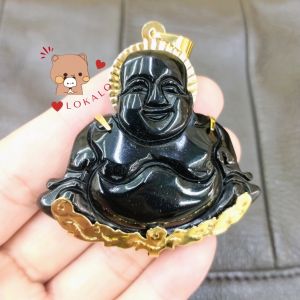 Mặt Dây Chuyền Phật Di Lặc Đá Cẩm Đen Khung Đồng Mạ Vàng (05 cm x 05 cm) - Người Đeo May Mắn Bình An Làm Việc Thuận Lợi Lokalo (Có Video Thật) 29922