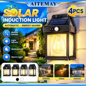 Aitemay 4 cái năng lượng mặt trời đèn chiếu sân vườn cảm biến chuyển động đèn LED chống nước ngoài trời sân Đèn lối đi màu trắng ấm ABS trang trí tường