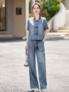 New Chinese Style Summer Thin Denim Set Womens Wide Leg Pants Two Piece Suit Vintage Button up Top Short Sleeve Stand Collar