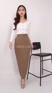 DIBIHI Rok Span Panjang Wanita Pinggang Karet Sisi Samping Belah Rempel Belakang Bahan Impor Stretch