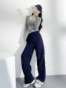 American Style High Waist Sport Pants Women Casual Wide Leg Pants Spring Autumn Cargo Straight Cut Drawstring Trousers