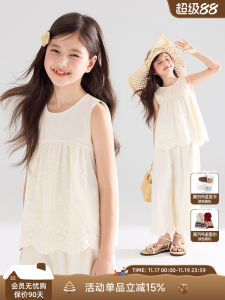Summer Island Style Child Girls Lace Trim Sleeveless Top And Wide Leg Pants Vacation Beach Casual Cotton Blend Clothing