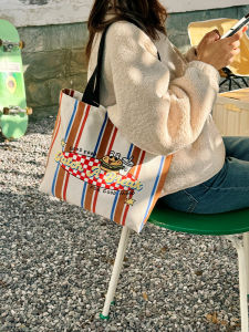 Canvas Shoulder Bag Womens Small Size Student Zipper Bag American Burger Pattern Casual Tote Bag Retro Style Shopping Bag