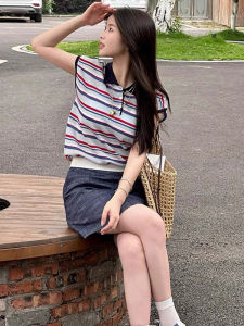 YUEZHONGWEI | French Collar Ice Silk Knitted Short Sleeve T-Shirt Women Summer Slim Fit Short Length Top Color Block Striped Regular Shoulder