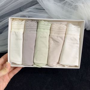 Girls Anti-Aging Letter Lace Mid-Waist Breathable Ladies Triangle Panties Modal Fabric Comfortable Underwear Set of 5