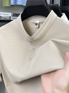 Ice Silk Stand Collar Short Sleeve T-Shirt Mens 2025 New Summer Quick Dry Cool Comfortable Half Sleeve Body Shirt