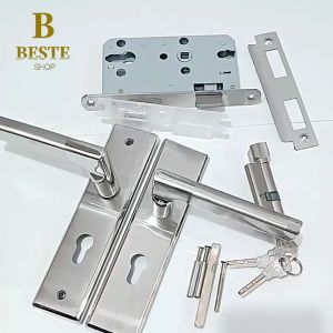 304 Stainless Steel Silver Entrance Lever Door  Set Lever  Handle Door Knob Set (3 Keys Included)