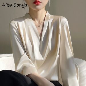 (COD)Alisa. Sonya Womens summer satin shirt V-neck simple nine quarter sleeve French top