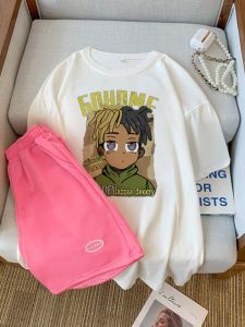 ชุดกีฬาผู้หญิงฤดูร้อน ชุดวิ่งแขนสั้นหลวมๆ สองชิ้น ลำลอง ขนาดเล็ก ผ้าฝ้าย 100% ชุดกีฬาลำลองสำหรับวัยรุ่น