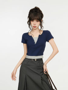 Slim Fit Short Sleeve T-Shirt Womens Summer Design Sense Fake Two-Piece Hot Girl Short Length Sweet And Spicy Small Top