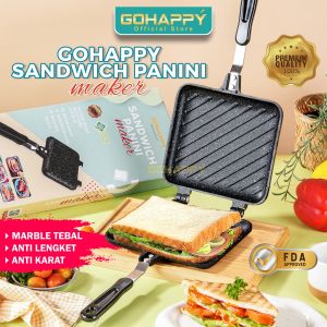 GOHAPPY Cetakan Roti Panini Sandwich maker tanpa listrik - Panci Roti Kue Double Pan ANTI LENGKET - BAHAN MARBLE PREMIUM - HANDLE TAHAN PANAS TERBAIK