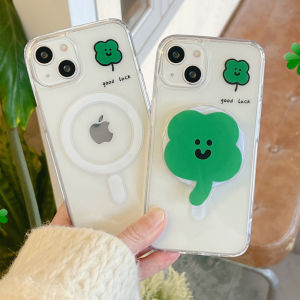 Lucky Four Leaf Clover Design Magnetic Absorption Full Cover Protective Phone Case with Stand for  15Promax 14 13 12 Magsafe Wireless Charging 11