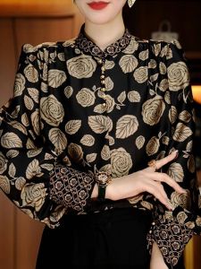 Elegant Spring 2025 Long Sleeve Printed Top Womens Fashion Slimming Belly Covering Versatile Casual Shirt Korean Style T-shirt