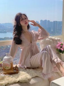 Palace Style Sweet Pure Desire Style Long Sleeve Spaghetti-Strap Long Sleeve Three-Piece Suit Spring and Autumn New Arrival Ice Silk Pajamas Women with Chest Pad