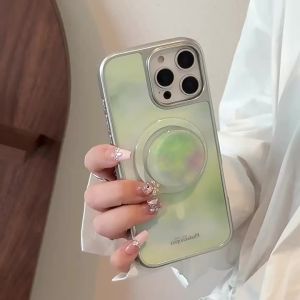 Korean Gradient Marble Pattern Plating Magnetic Holder Phone Case for iPhone 17 Air 16 15 14 13 12 Pro Max Shockproof Hard Cover