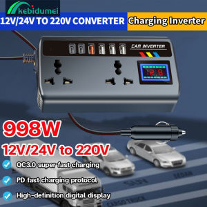 Kebidumei 200W Universal Car Inverter 12V 24V To 220V Car Truck Power Converter with Digital Display QC3.0 USB Type C Fast Charging Truck Socket Charger Inverter