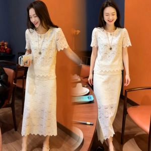 YOUFAN | Elegant Lace Short Sleeve Blouse and Skirt Set