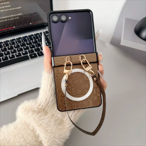 szhaiyu | Leather Magnetic Case For Magsafe with Wrist Strap Shockproof Hinge Protective Cover for Samsung Galaxy Z Flip 8 7E 7 6 5 4 3