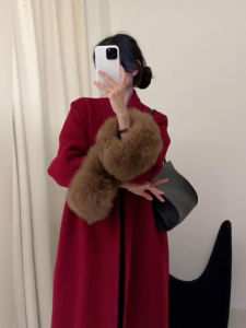 Plus Size Fancy Fujia Qianjin New Year Red Woolen Coat Womens Fall and Winter Elegant Socialite Furry Cuff Coat