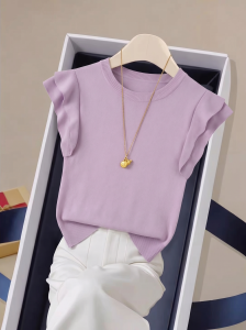 V.C.I | French High-End Purple Flutter Sleeve Iceland Silk Knit T-Shirt Slim Fitting