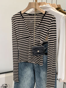 Pure Desire Spicy Girl V-neck Striped Long Sleeve T-shirt Womens Spring Autumn New Style Inner Wear Base Shirt Top