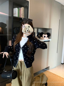 เสื้อคาร์ดิแกนถักแขนยาวลายจุดสีดำ สไตล์วิทยาลัย ทรงหลวม สำหรับผู้หญิง ชุดสเวตเตอร์ลำลอง คอกลม ปกติ ปกติ