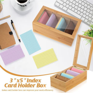 Wooden Recipe Card Organizer Box Flip Top Name Card Holder with Dividers for Desk Storage Office Kitchen Use