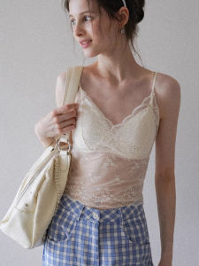 chaqi | Sweet Spicy Lace Trim Belted V-Neck Crop Top Womens Fashion Spring Summer Slim Fit Inner Wear Tank Top With Chest Pad