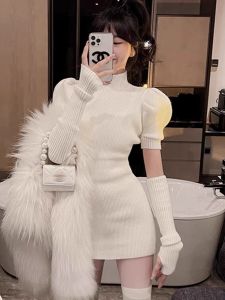 เสื้อสเวตเตอร์แขนพองผู้หญิง ชุดเดรสทรงเข้ารูป ชุดสองชิ้น เสื้อคลุมแขนยาว ทรงเข้ารูป แขนยาว กระโปรงสั้น ฤดูใบไม้ร่วง 2025