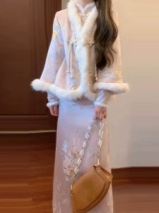 Winter Short Puffer Jacket with Fur Collar And Cheongsam Set Two-Piece Womens Fashion Ensemble Floral Embroidery Traditional Chinese Style