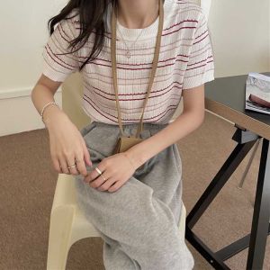 Summer Casual Knitted Short-sleeve Shirt: Women's Korea Style Loose Stripe Top