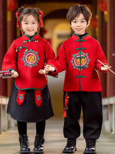 New Year Childrens Traditional Chinese Clothing Set Baby Boys Winter Fur Lined Long Sleeve Outfit Girls Festive Hanfu Costume