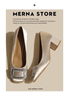 Merna Frosted ผ้าซาติน รองเท้าเดี่ยวส้นหนาประดับเพชร ผู้หญิง สไตล์ฝรั่งเศส รองเท้าแม่บ้านรองเท้าส้นสูงกลางหัวเหลี่ยม