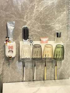 Bathroom Wall-Mounted Toothbrush Toothpaste Cup Holder Electric Toothbrush Tool Organizer No-Punching Needed Nordic Style