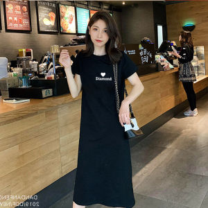 ชุดเดรสสั้นแขนสั้นสไตล์เกาหลีพิมพ์ลายฤดูร้อนสำหรับผู้หญิง กระโปรงทรงเอเอวสูง ความยาวปานกลาง เดรสทรงเอเอวสูง