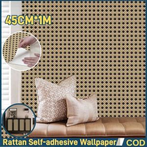 Rattan Self-adhesive Wall Stickers Furniture Renovation Wallpaper Retro Home Decoration Wood Cabinet Waterproof Stickers