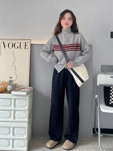 Sumui150 High Waist Soft Knitted Wide Leg Pants Autumn Winter Drapey Straight Long Trousers for Short Women Height Enhancing