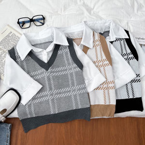 Korean Design Polo Neck Splice Color Block Knitted Vest Womens Fashionable Versatile Short Sleeve Shirt Style Commute