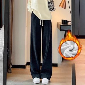 LANGPIN | Womens Fleece Lined Wide Leg Pants Autumn Winter Thickened Warm Velvet Drapey Loose Fit Casual Floor Length Trousers