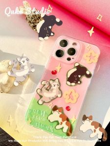 Adorable Pink Cat Design Dual Layer Protection  14 pro Max 15 14 12 Phone Case Cartoon Girl Anti-Fall Silicone Shell