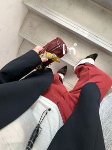 สูง เอว ปลายกุ๊นสีบล็อกเอนไซม์วินเทจล้าง สีขาว กางเกงยีนส์ ผู้หญิง ขากว้าง กางเกง หนา เดนิม ฤดูใบไม้ร่วง ฤดูกาล